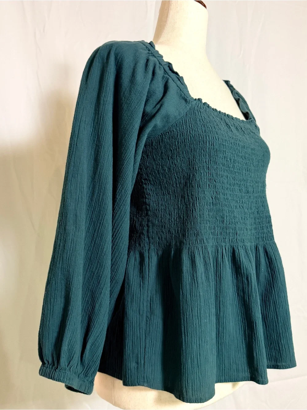 Madewell‎ Teal Smocked Square-Neck Peplum Blouse prairie, boho, whimsical